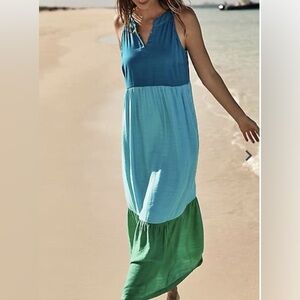 J. Jill Color Block Tiered Maxi Tank Dress Large Blue Aqua Green Sleeveless
